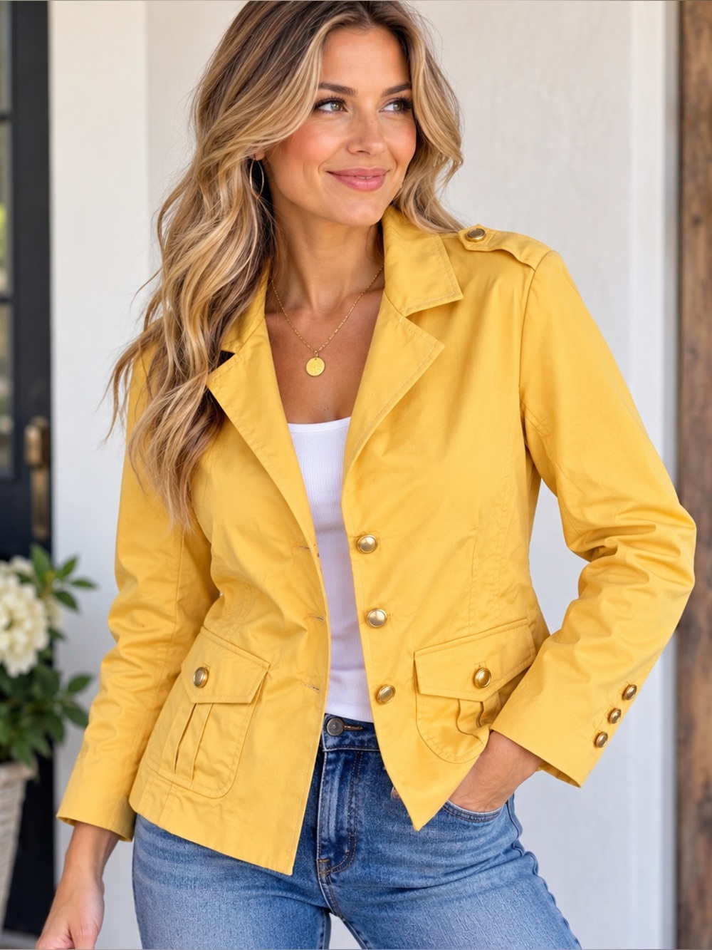 Joan Rivers XL Yellow Cotton Utility Safari Jacket Blazer Gold Buttons